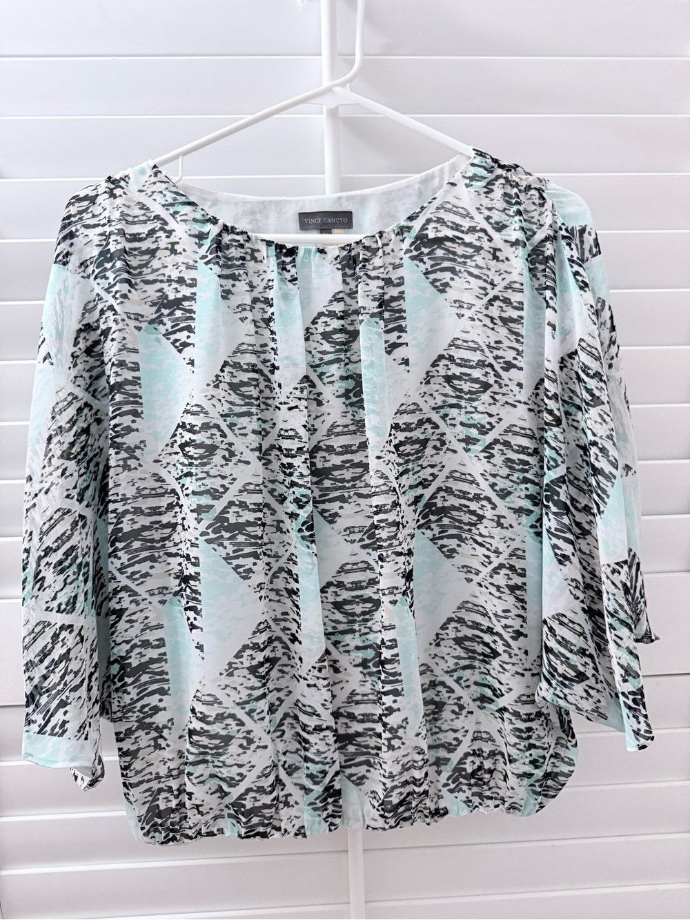 Vince Camuto Mint and Black Geometric Print Peasant Blouse